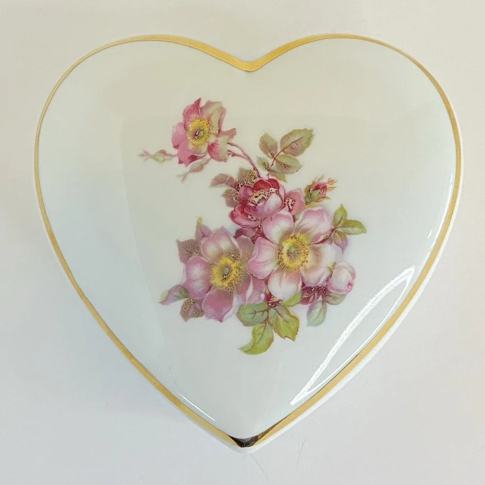 Vintage Heart Trinket Box Pink Flowers West Germany Gerold Porzellan‎